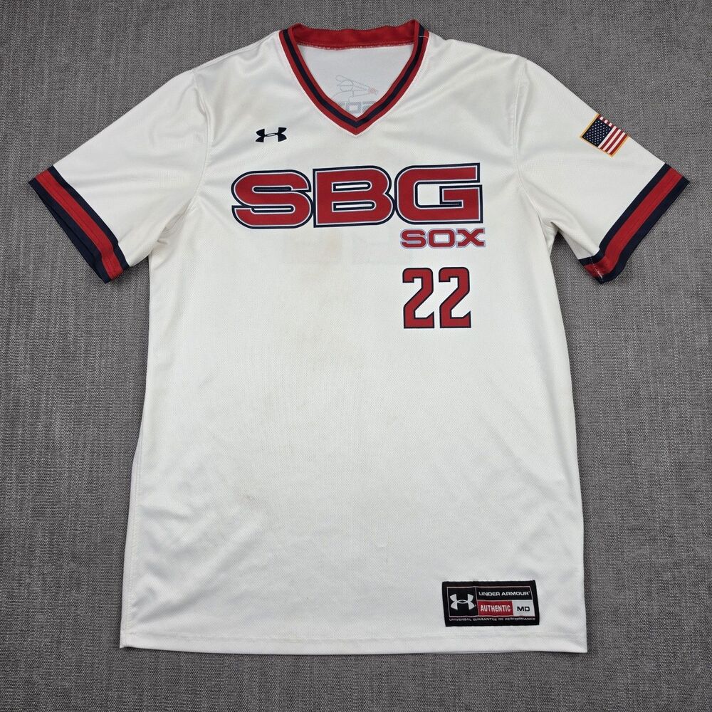 Under Armour SBG Sox Baseball Jersey Mens Medium White Pullover V-Neck #22 USA